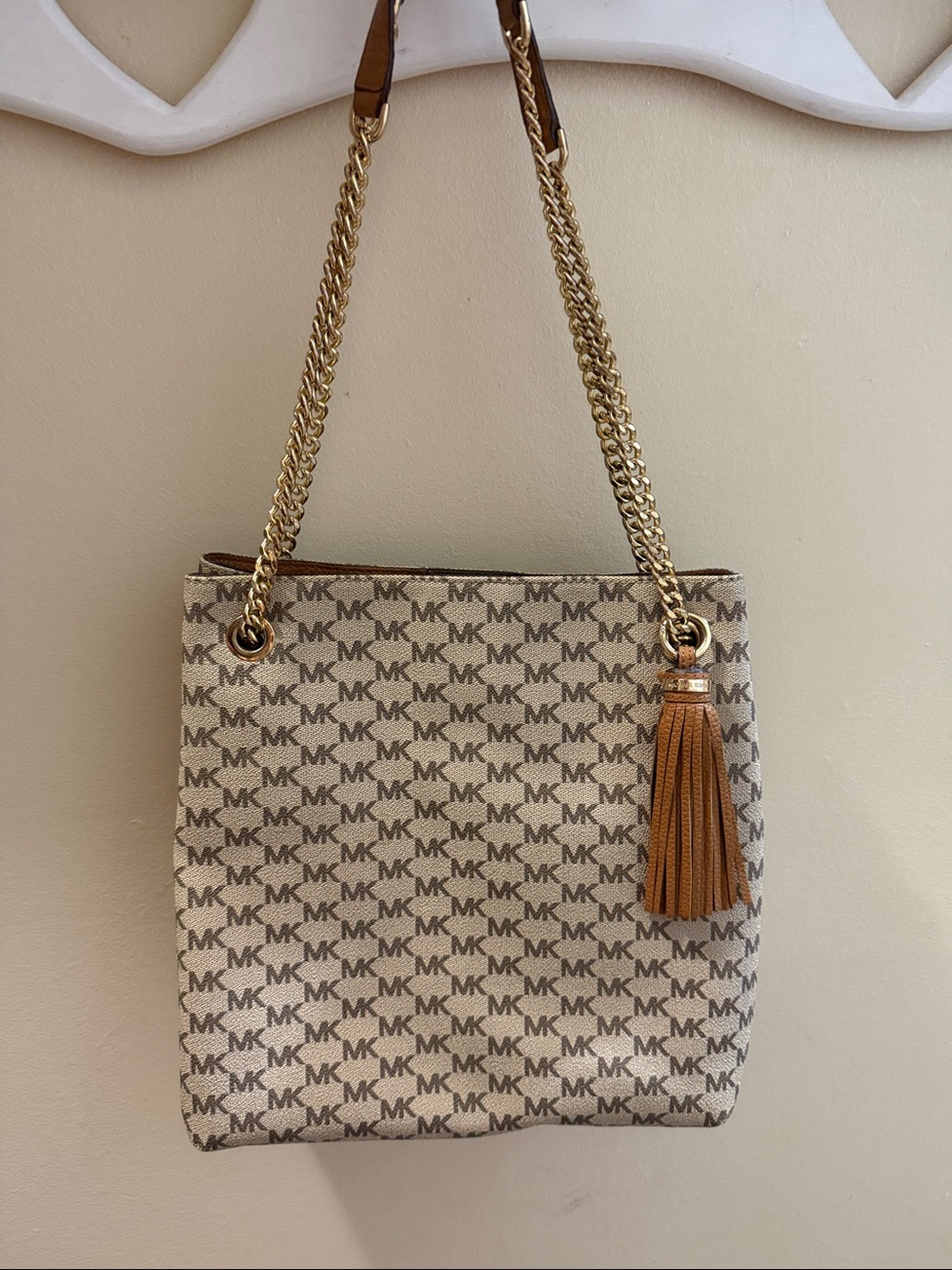 Michael Kors Beige/Tan MK Logo Shoulder Bag with Gold Chain and Tassel